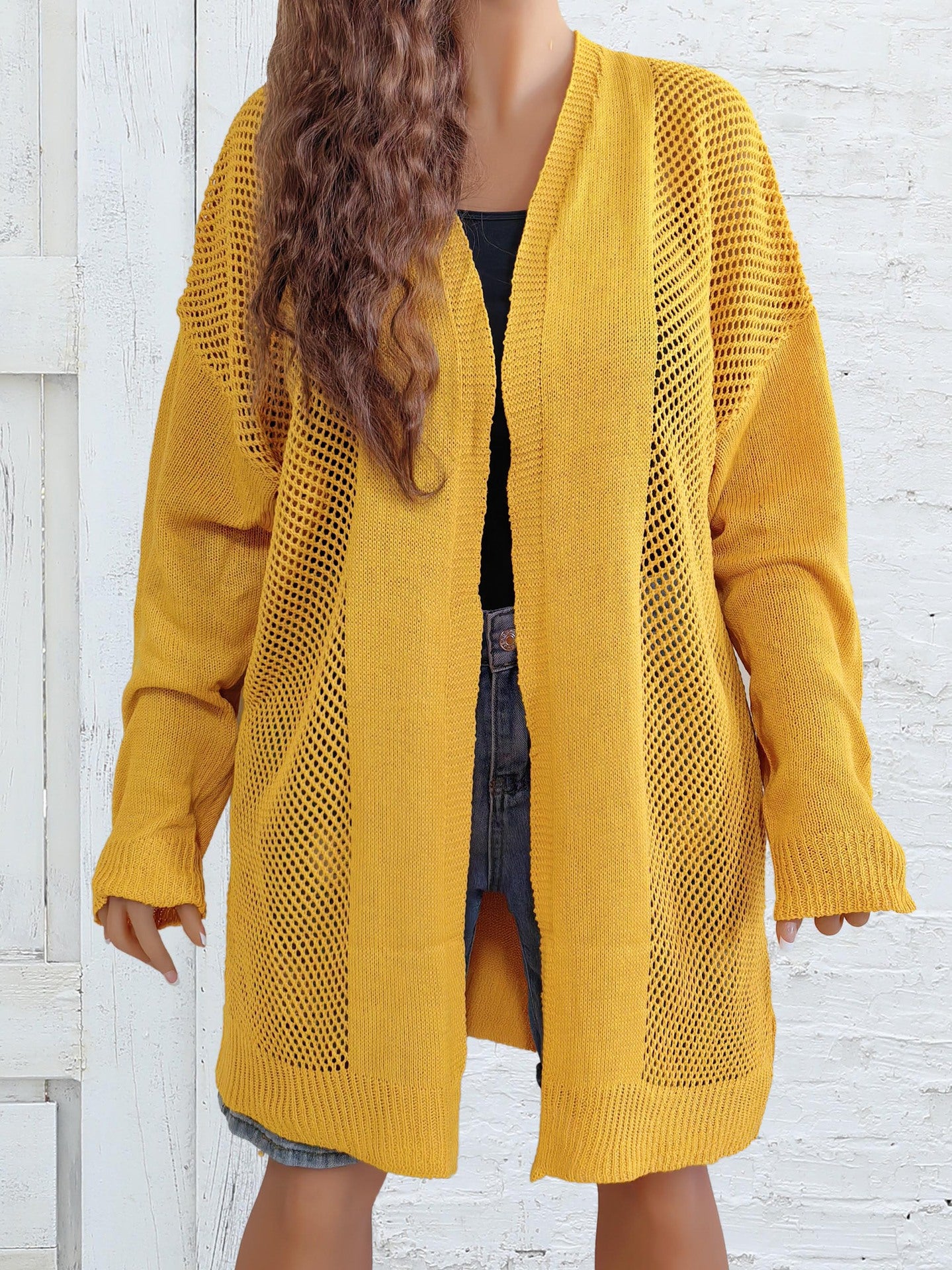 Plus Size Women Clothes Hollow Out Cutout Woven Coat Long Casual Outer Wear Cardigan Air Conditioning Shirt - Wild Amber Fashion