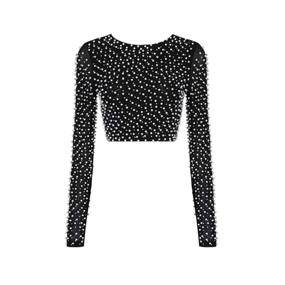 Elegant Spring/Autumn Slim Fit Beaded Gauze Top with Long Sleeves  S Black 