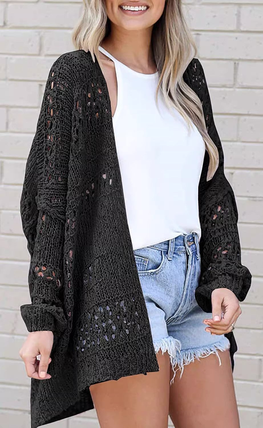 Bohemian Crochet Coat Hollow Out Cutout out Solid Color Women Knitted Cardigan - Wild Amber Fashion