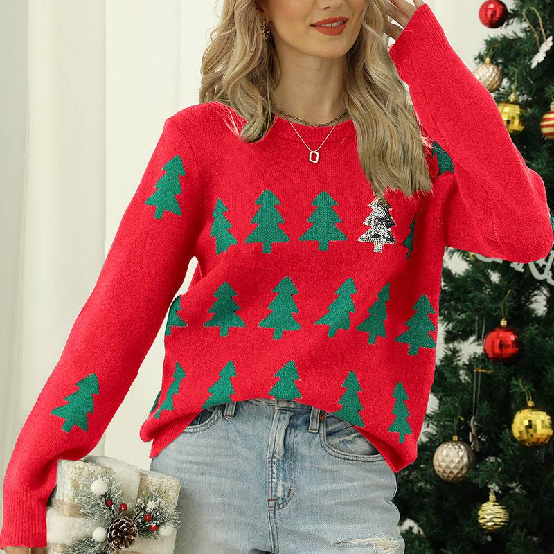 Festive Red Christmas Tree Knit Sweater for Women  S Red 