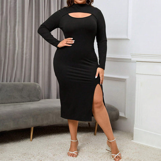 Plus Size Women Clothing Sexy Cutout Split Waist Fitted Sheath Long Sleeve Dress - Wild Amber Fashion