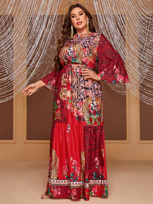 Plus Size Printed 3/4 Sleeves Dress Bright Red Featured Printed Maxi Dress - Wild Amber Fashion