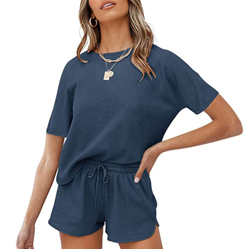 Rib Short-Sleeved Home Wear Solid Color Casual Two-Piece Pajamas Suit - Wild Amber Fashion