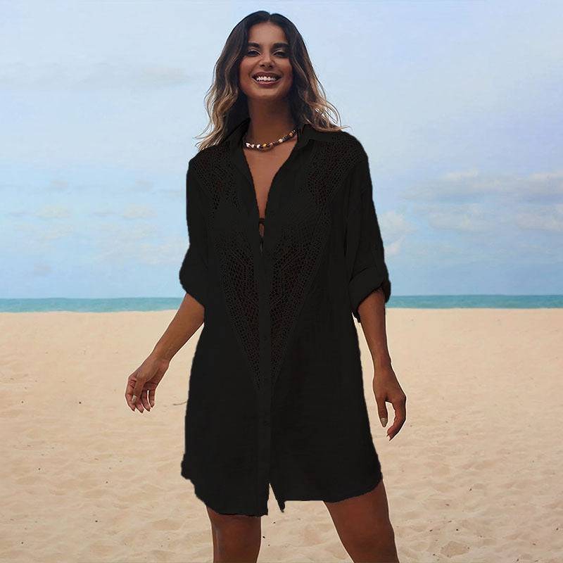 Lace Bamboo Shirt Beach Cover up Sexy Cutout Sun Protection Bikini Cover  One Size Black 