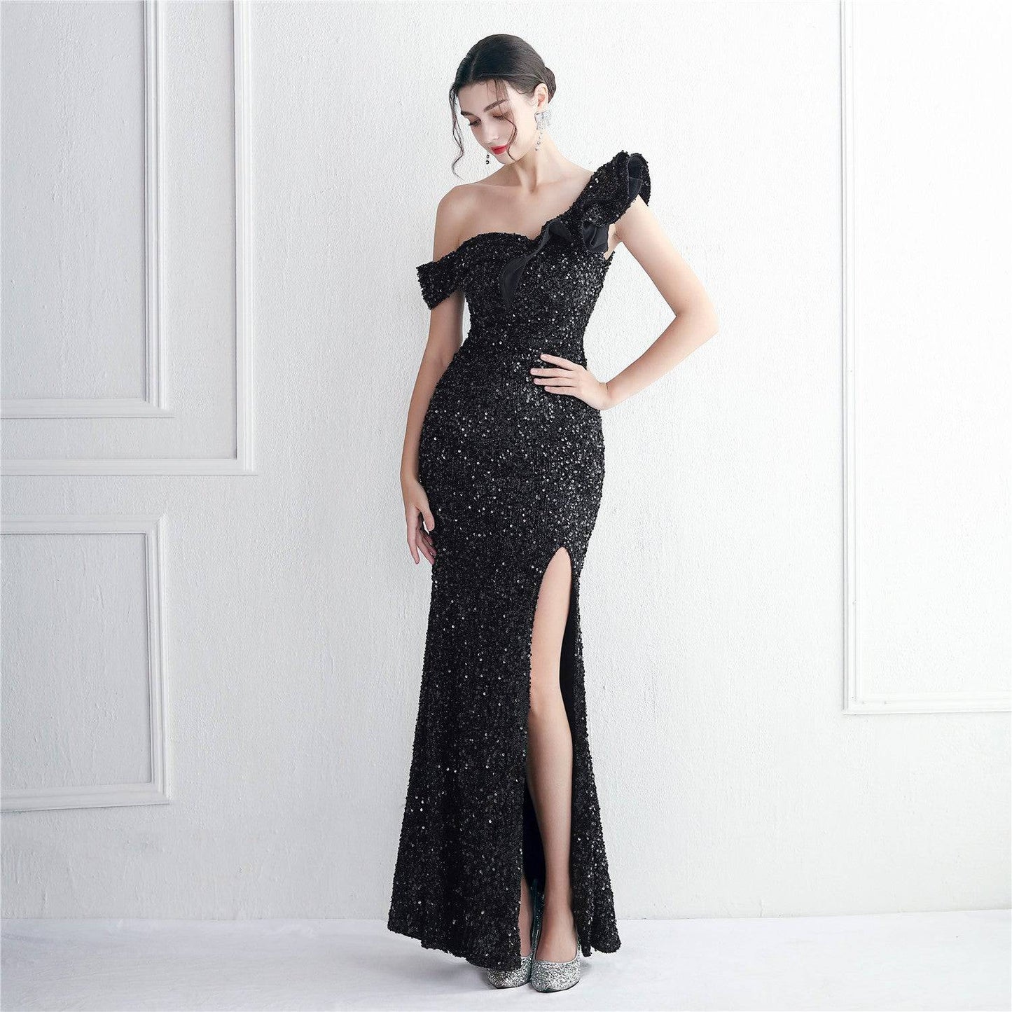 Imitation Handmade Sequin Craft Appreciation Dinner Slim Fit Fishtail Wedding Car Model Exhibition Ladies Cocktail  S Pure Black 