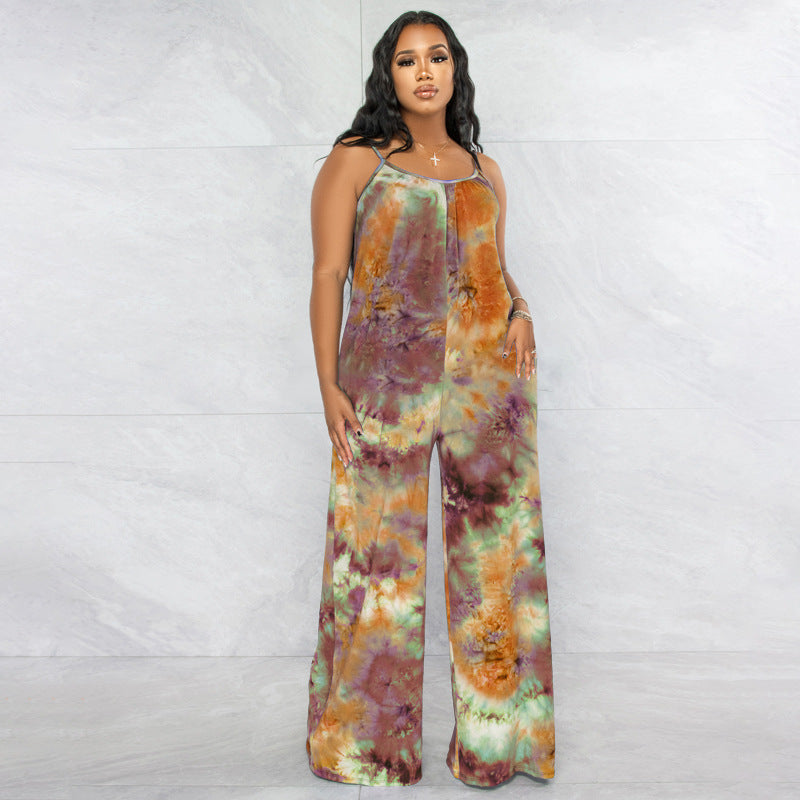 Plus Size New Tie-Dyed Printed Sling Casual Pants Straight Stylish Loose Jumpsuit - Wild Amber Fashion