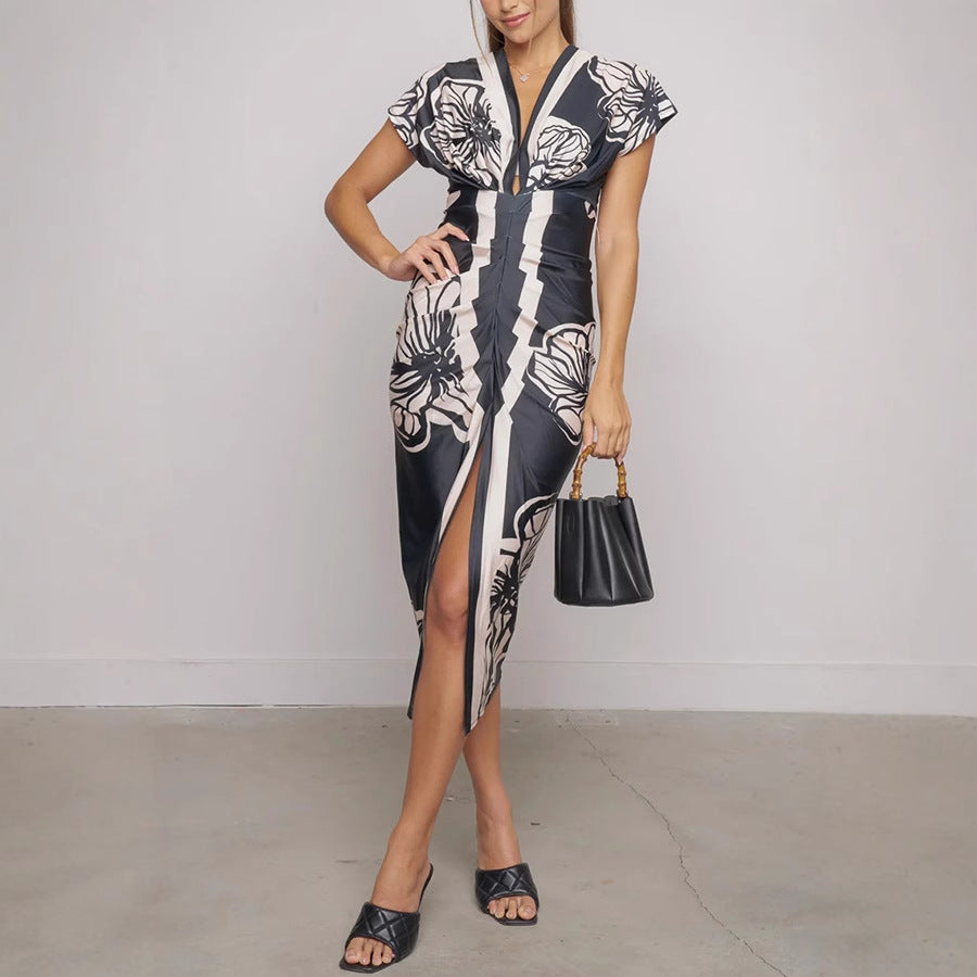 Black Floral Print Slit Sexy Low Cut V neck Hip Dress