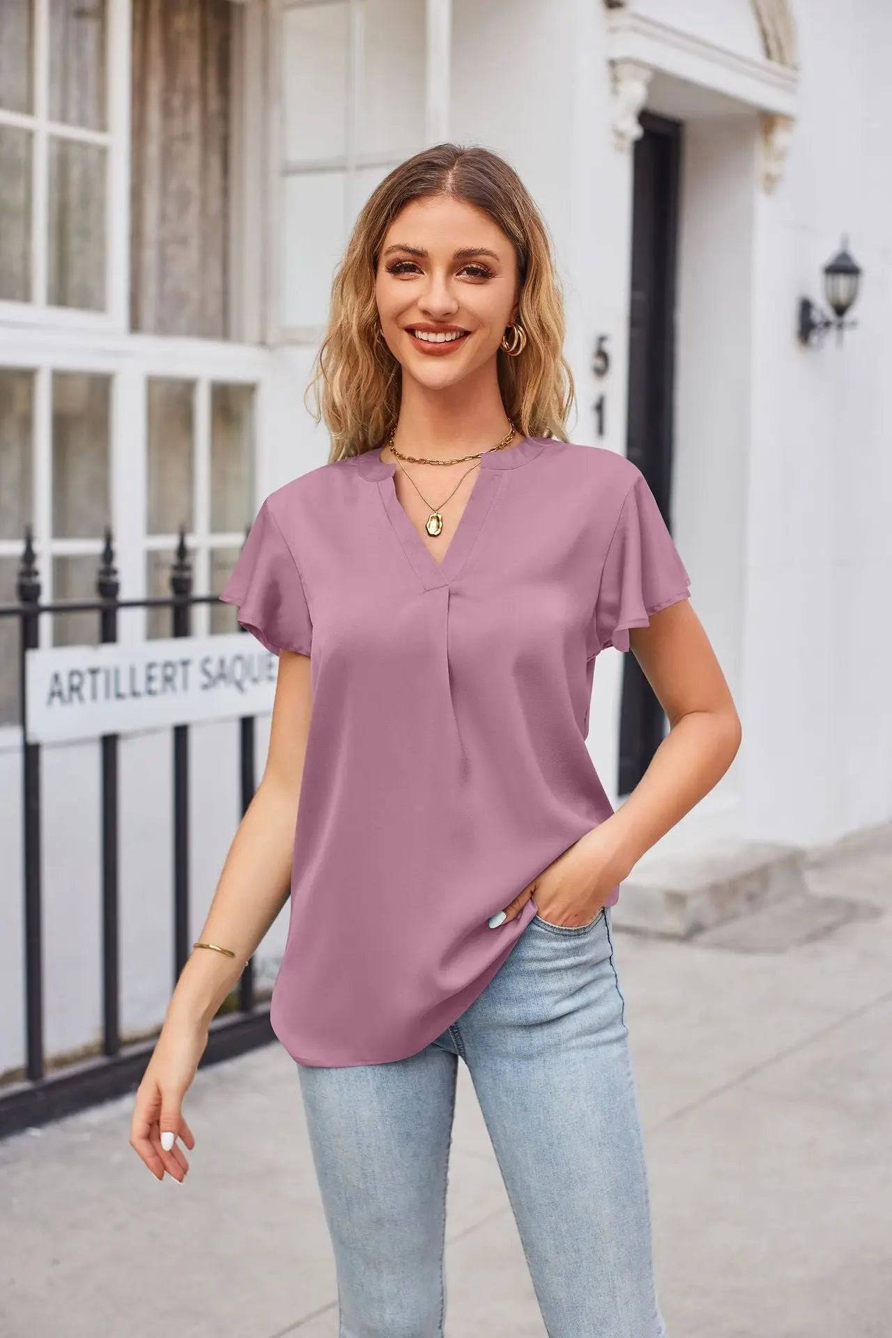 V-Neck Satin Blouse with Ruffle Detail for Women's Summer Office Wear  S skin pink 