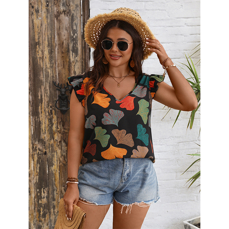 Plus Size Summer Women Fashionable V neck Lotus Sleeve Shirt Independent Stand Slimming Printed Casual Shirt - Wild Amber Fashion