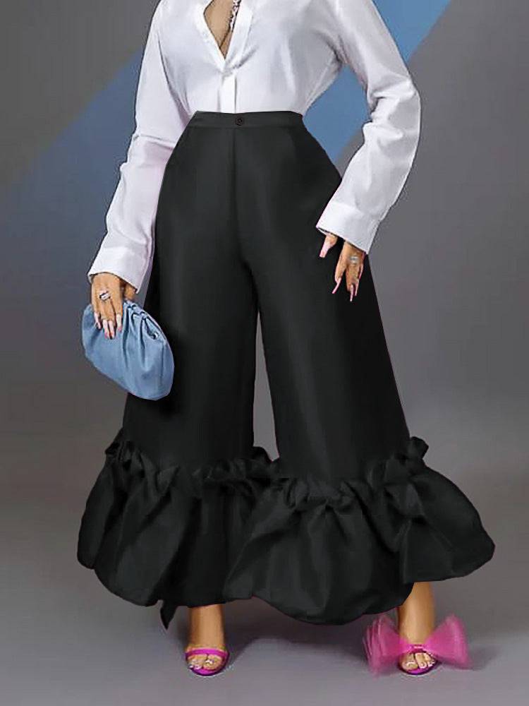 Flared Ruffle High Waist Wide Leg Pants  S Black 