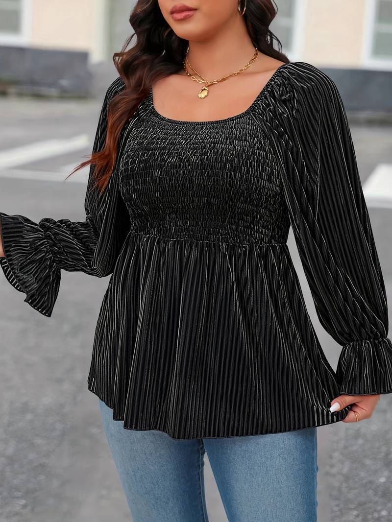 Plus Size Women Square Collar Flare Sleeve T Shirt Autumn Winter Elegant Waist Slimming Velvet Top - Wild Amber Fashion