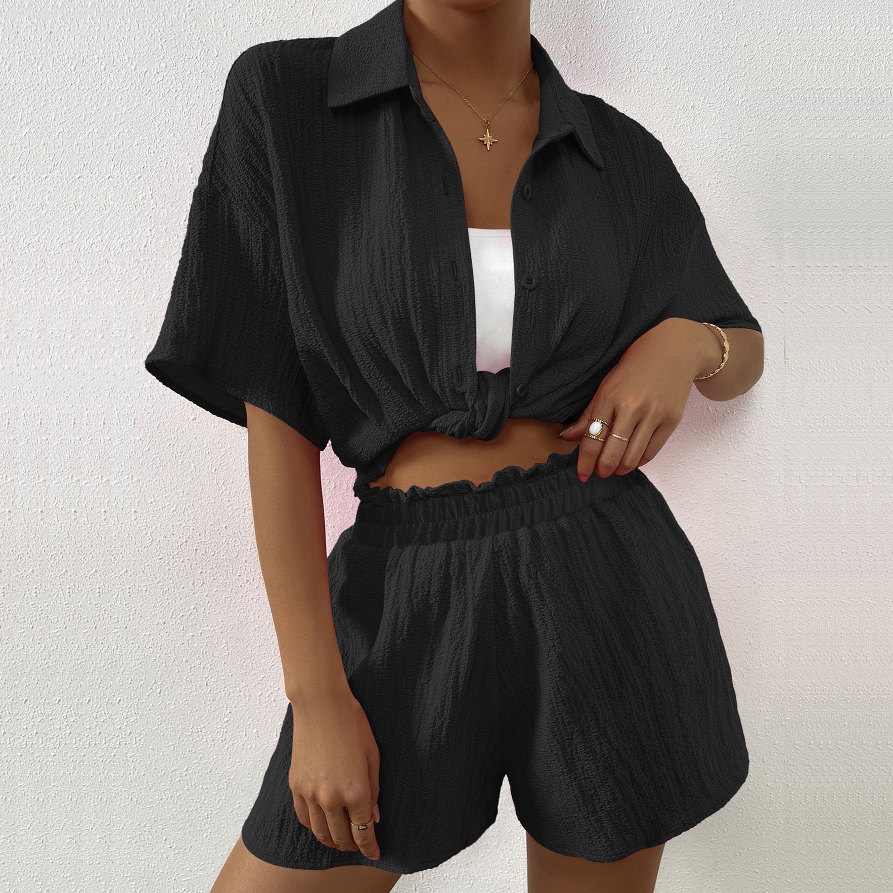 Spring Summer Ladies Home Casual Suit Collared Button Cardigan Short Sleeve Shorts Two Piece Set Women - Wild Amber Fashion