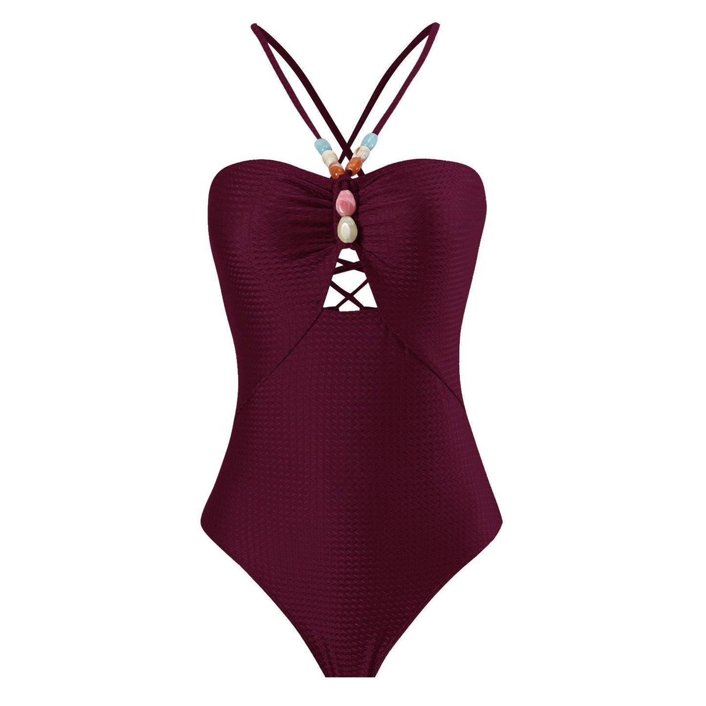 French Retro Boho One-Piece Swimsuit with Belly Coverage for Women  S Wine Red Swimsuit 