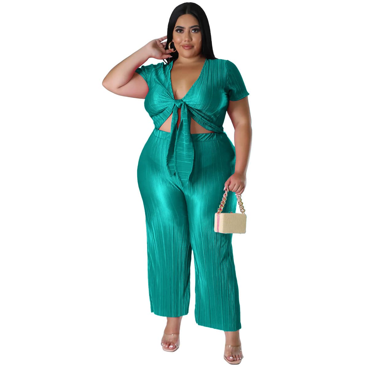 Pleated Wide Leg Pants and Tied Top Two-Piece Set for Plus Size Women  0XL Green 