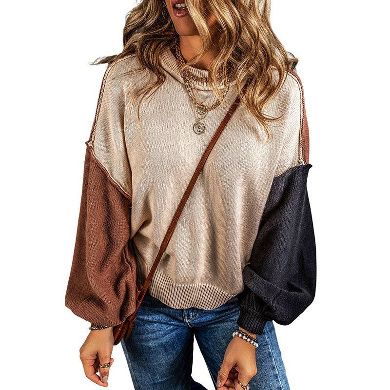 Warm and Stylish Color Block Patchwork Fall Pullover for Women  S Brown 