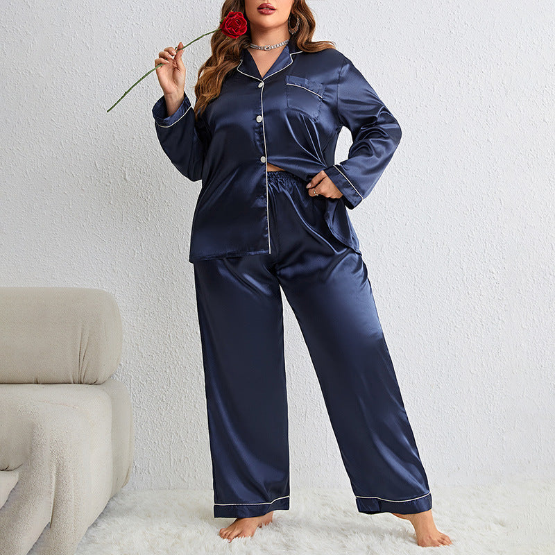 Silky Ice Silk Plus Size Pajama Set  1XL Blue 