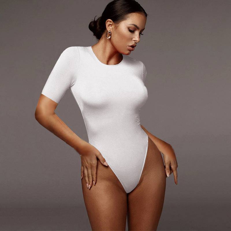 Summer Women's Slim Fit Crew Neck Short Sleeve Bodysuit in Polyester  S White 