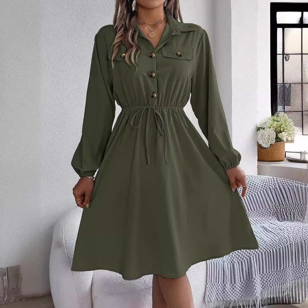 Real Shot Autumn Winter Casual Button Lace up Waist Controlled Long Sleeves Shirt Dress Women Clothing - Wild Amber Fashion