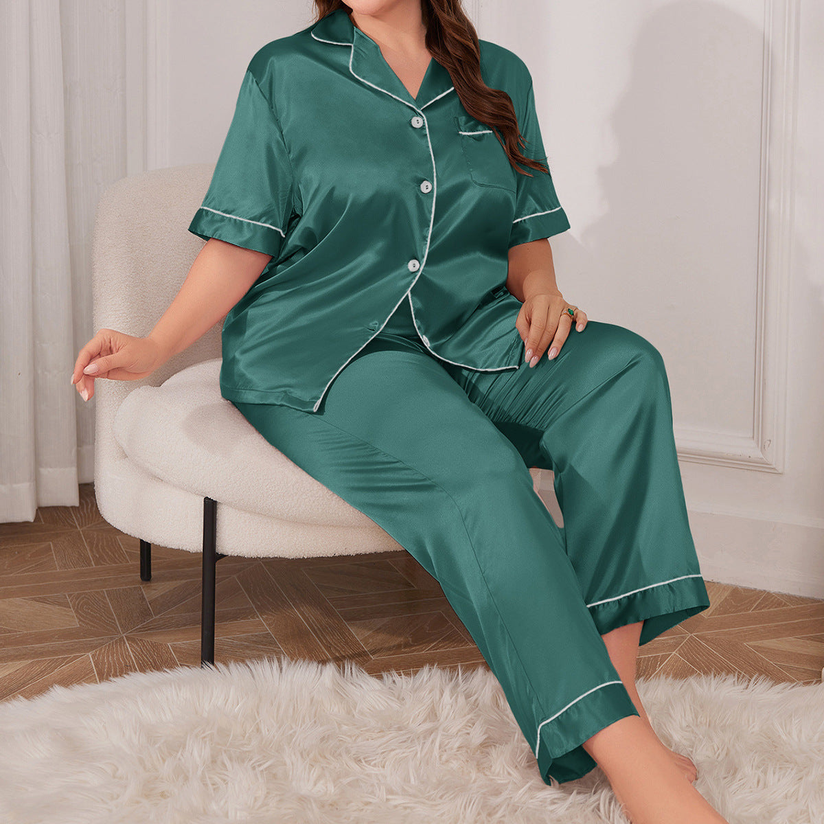 Plus Size Ice Silk Nightdress Spring Summer Simple Homewear Sexy Silk Cardigan Nightgown Women Pajamas Suit - Wild Amber Fashion