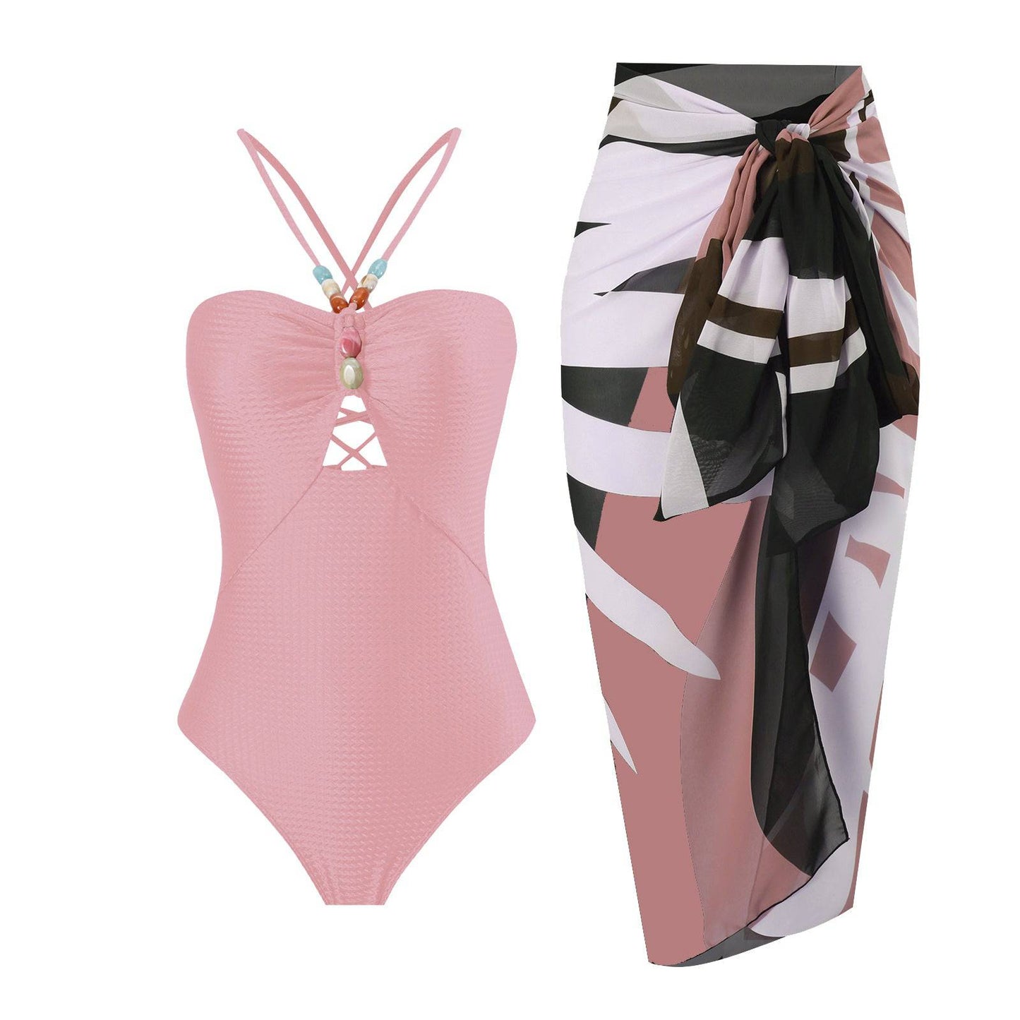 French Retro Boho One-Piece Swimsuit with Belly Coverage for Women  S Pink Suit 