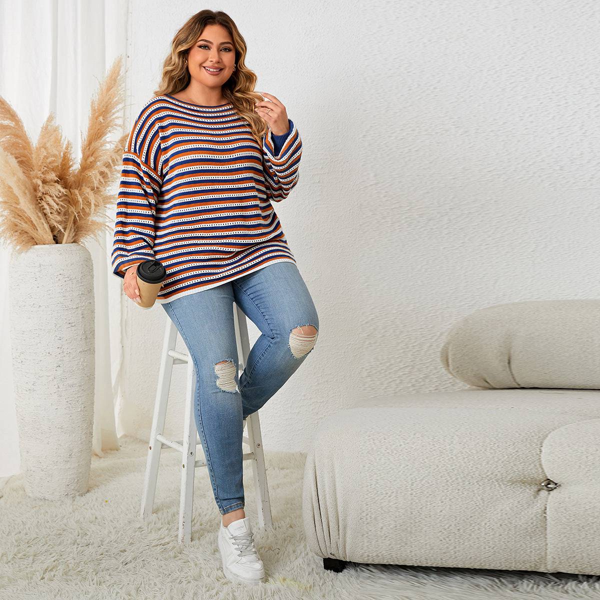 Plus Size Women Clothes Striped Loose round Neck Pullover Top Women Clothing - Wild Amber Fashion