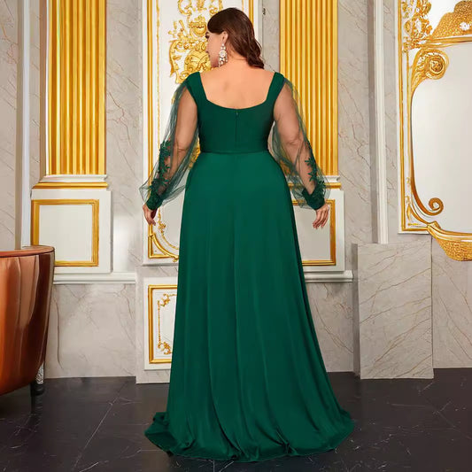 Plus Size Prom Evening Dress Diamond Collar Embroidered Mesh Long Sleeve Backless Fall Women Clothing Dress - Wild Amber Fashion