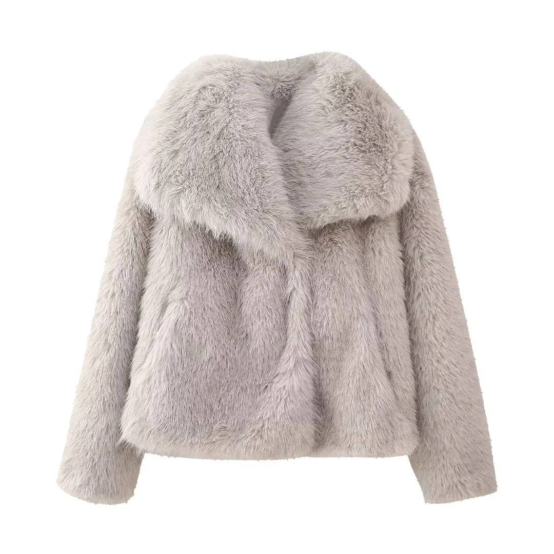 Stylish Faux Mink Fur Winter Coat with Pocket  XS Greige 