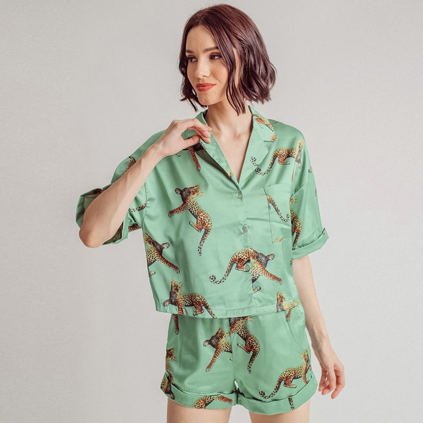 Summer Chic Graphic Print Two Piece Pajama Set for Women  S Green 