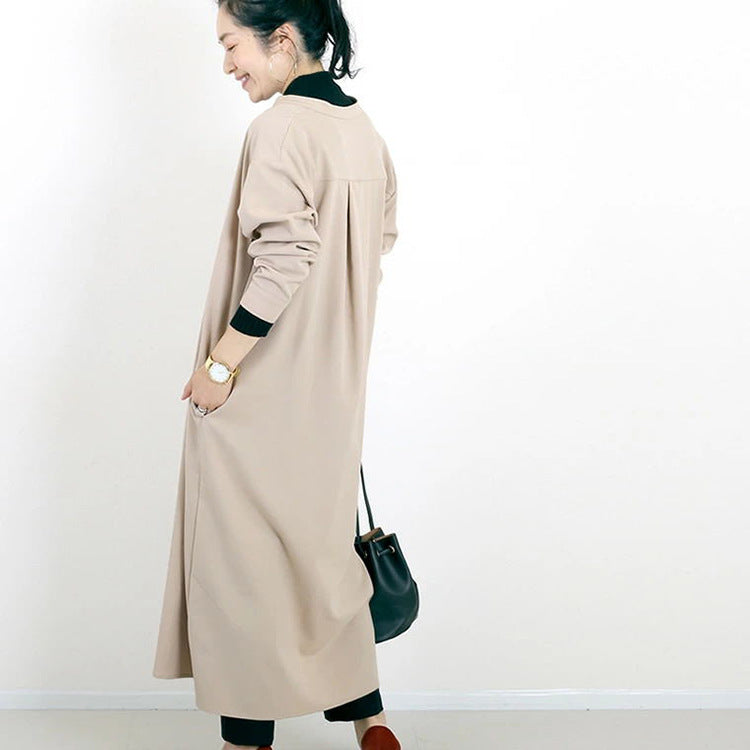 Autumn Winter Shirt Base Dress Women Solid Color Loose Casual V neck Maxi Dress - Wild Amber Fashion