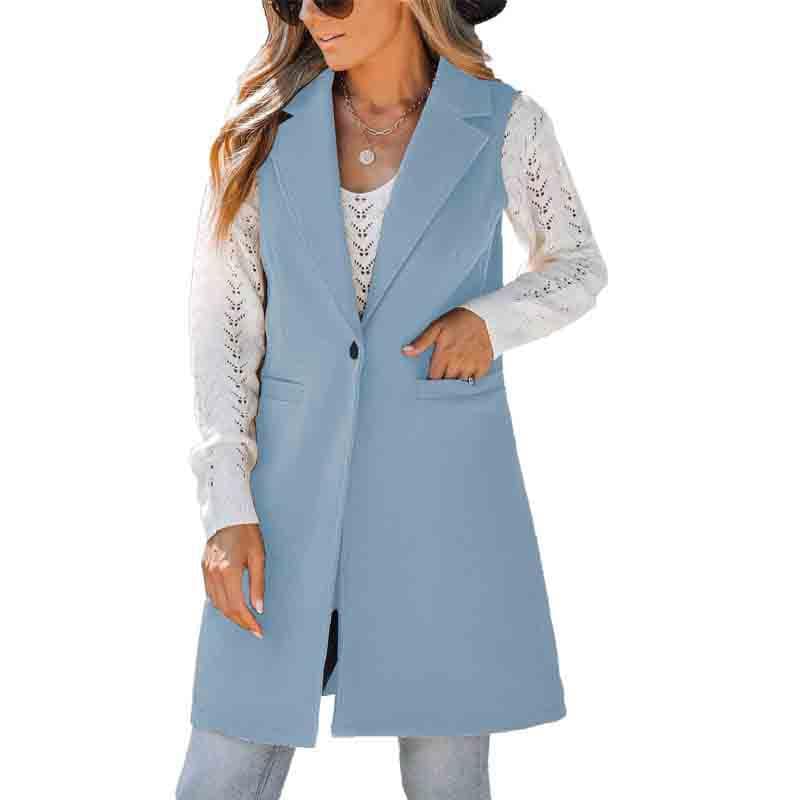 Sleeveless Long Woolen Coat for Women  S Light Blue 