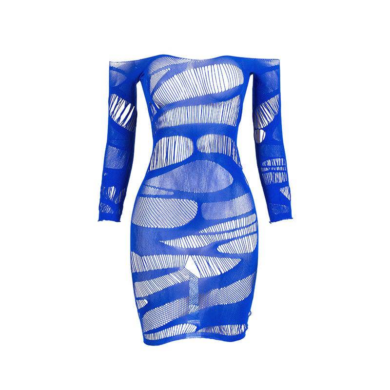 Sexy Mesh Stitching See-through Hip Dress  One Size Blue 