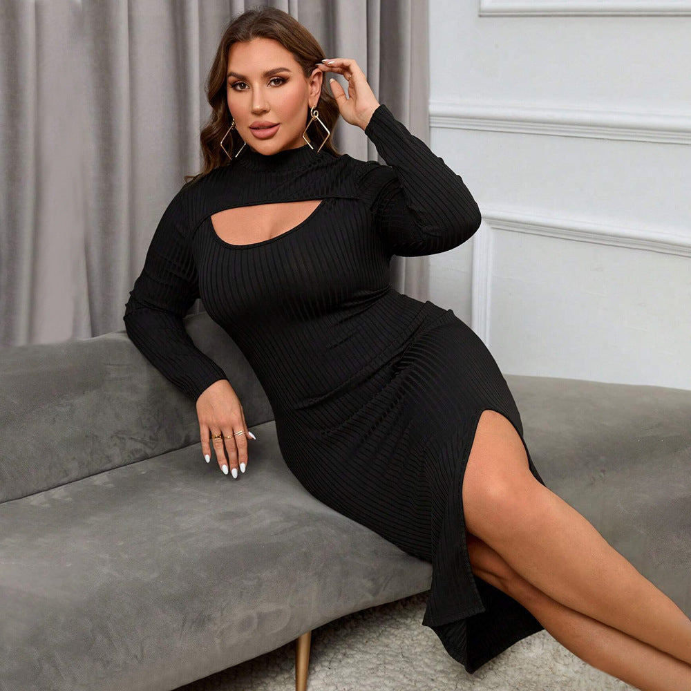 Plus Size Women Clothing Sexy Cutout Split Waist Fitted Sheath Long Sleeve Dress - Wild Amber Fashion