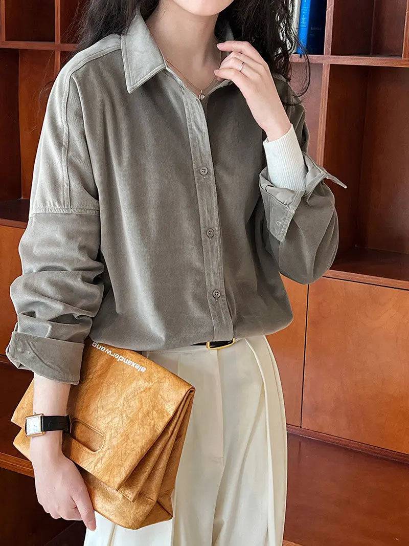 Japanese Minimalist Thickened Sanded Fabric Corduroy Shirt Women Fall Winter Inner Wear Bottoming Bandage Dress Shirt  M Iron Gray 