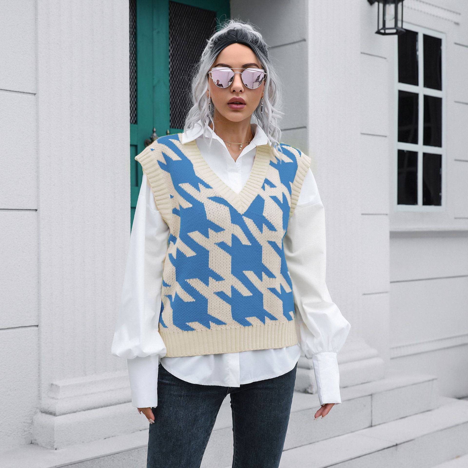 Houndstooth V-neck Vest Sweater Women Vest Outer Wear Inner Wear Autumn Winter Knitwear Sweater Boucle  S Blue 