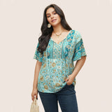 Plus Size Women Bohemian Floral T shirt Niche Short Sleeve Top - Wild Amber Fashion