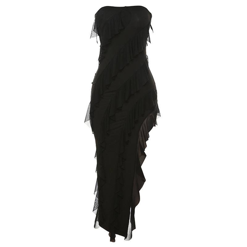 Seductive Summer Tube Top Maxi Dress with Backless Slit and Tassel Embellishments  S Black 