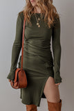 Jungle Green Ribbed Side Slit Ruched Slim Fit Long Sleeve Mini Dress