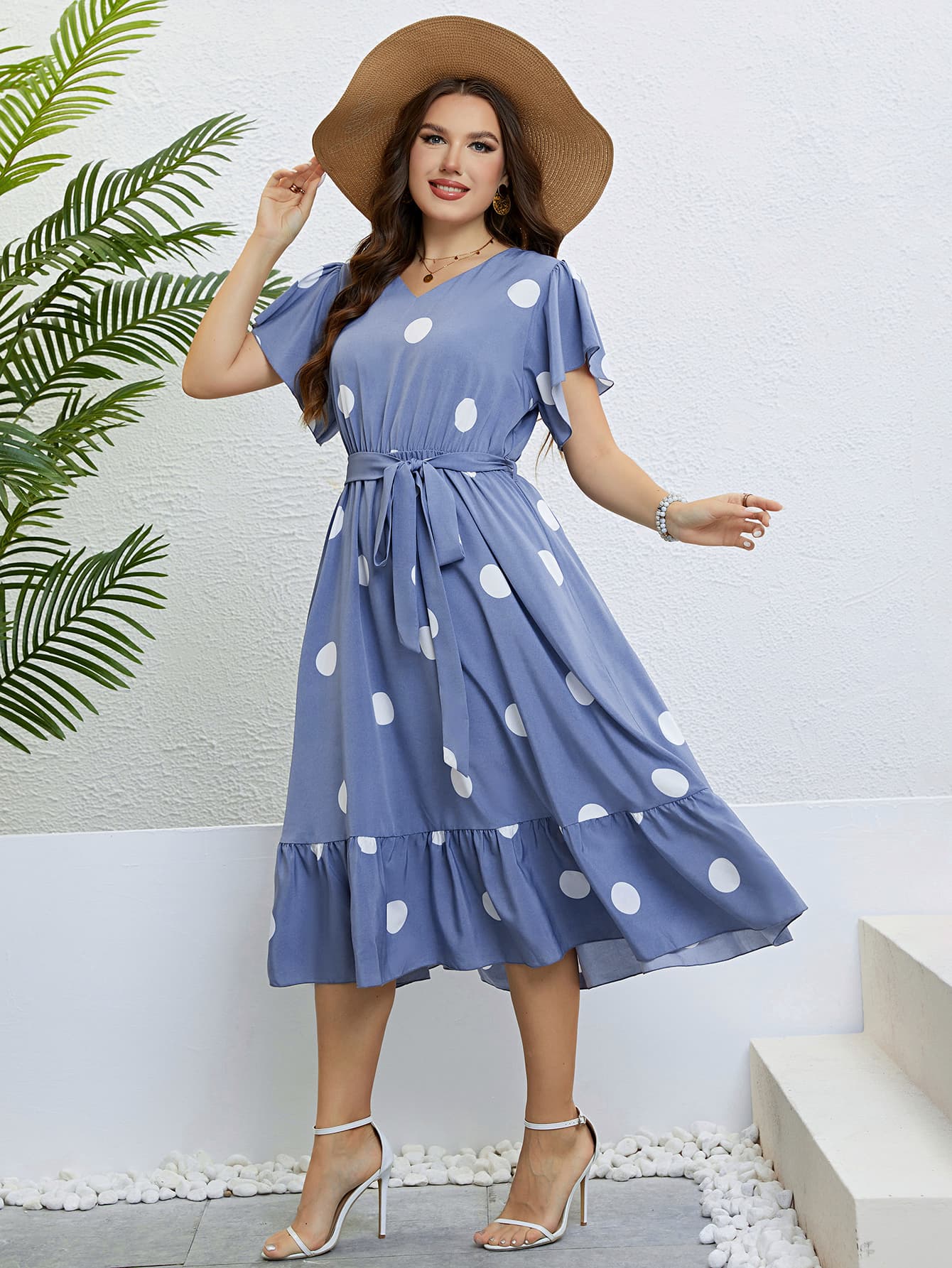 Honey Polka Dot Belted Flutter Sleeve Ruffle Hem Dress