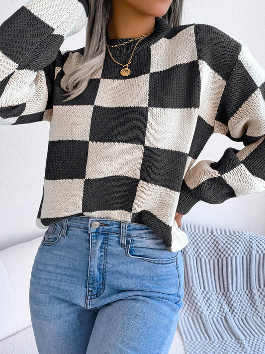 Checkered Mock Neck Long Sleeve Sweater