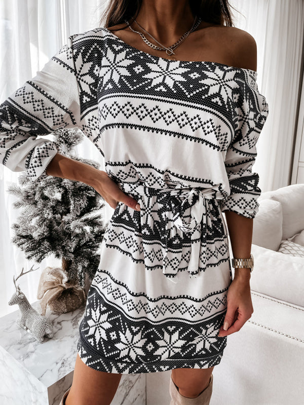 Festive Knit Pattern Long Sleeve Casual Dress