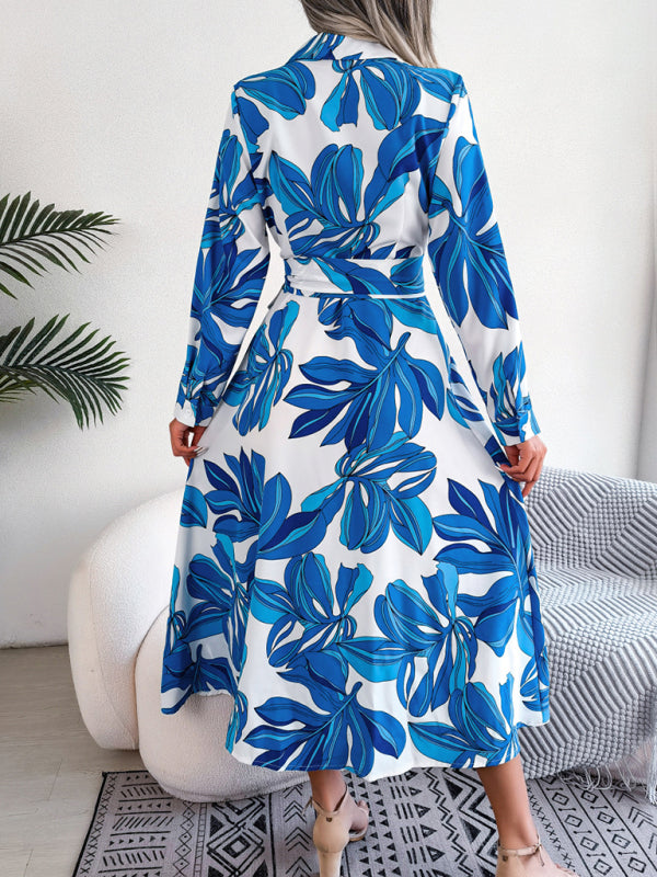 Women's Floral Print Lapel Tie Shirt Dress