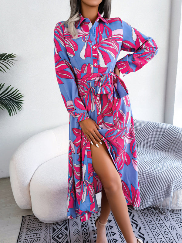 Women's Floral Print Lapel Tie Shirt Dress