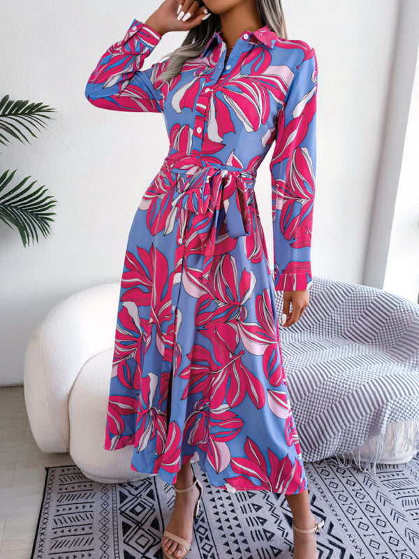 Women's Floral Print Lapel Tie Shirt Dress