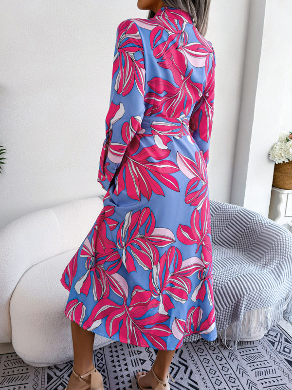 Women's Floral Print Lapel Tie Shirt Dress