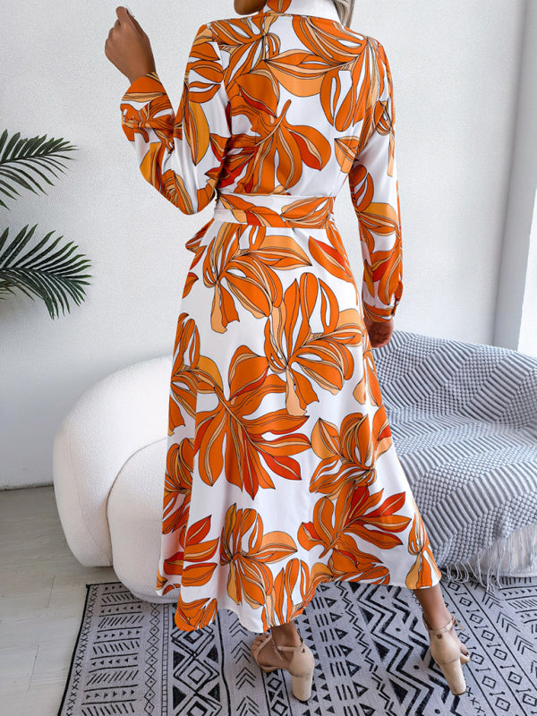 Women's Floral Print Lapel Tie Shirt Dress