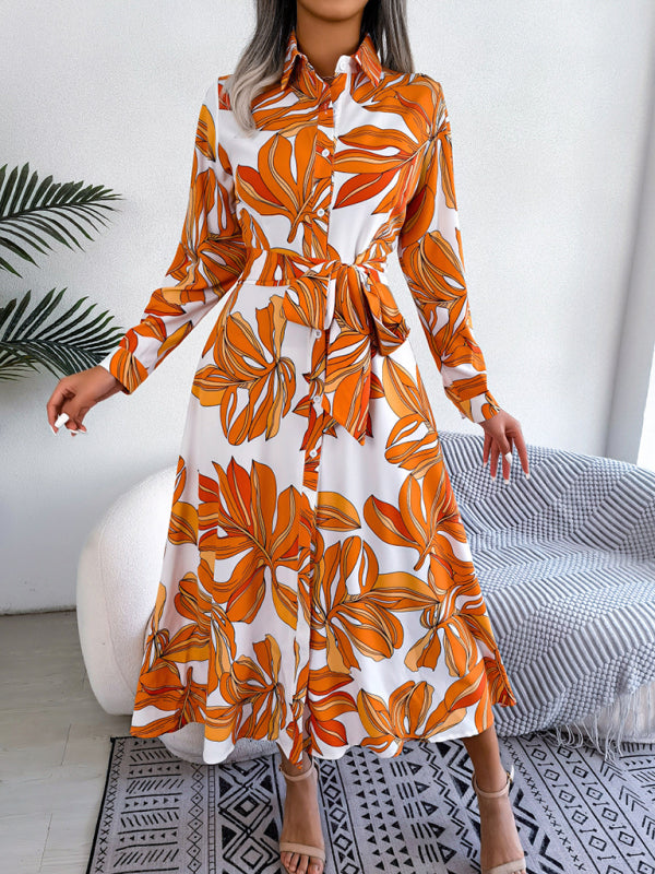 Women's Floral Print Lapel Tie Shirt Dress