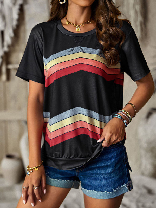 New round neck T-shirt rainbow strip top