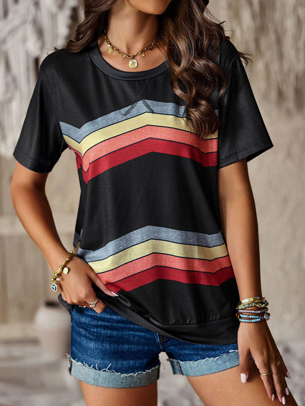 New round neck T-shirt rainbow strip top