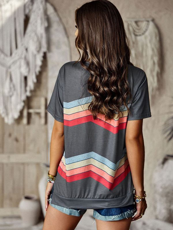 New round neck T-shirt rainbow strip top