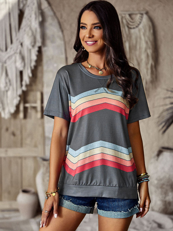 New round neck T-shirt rainbow strip top